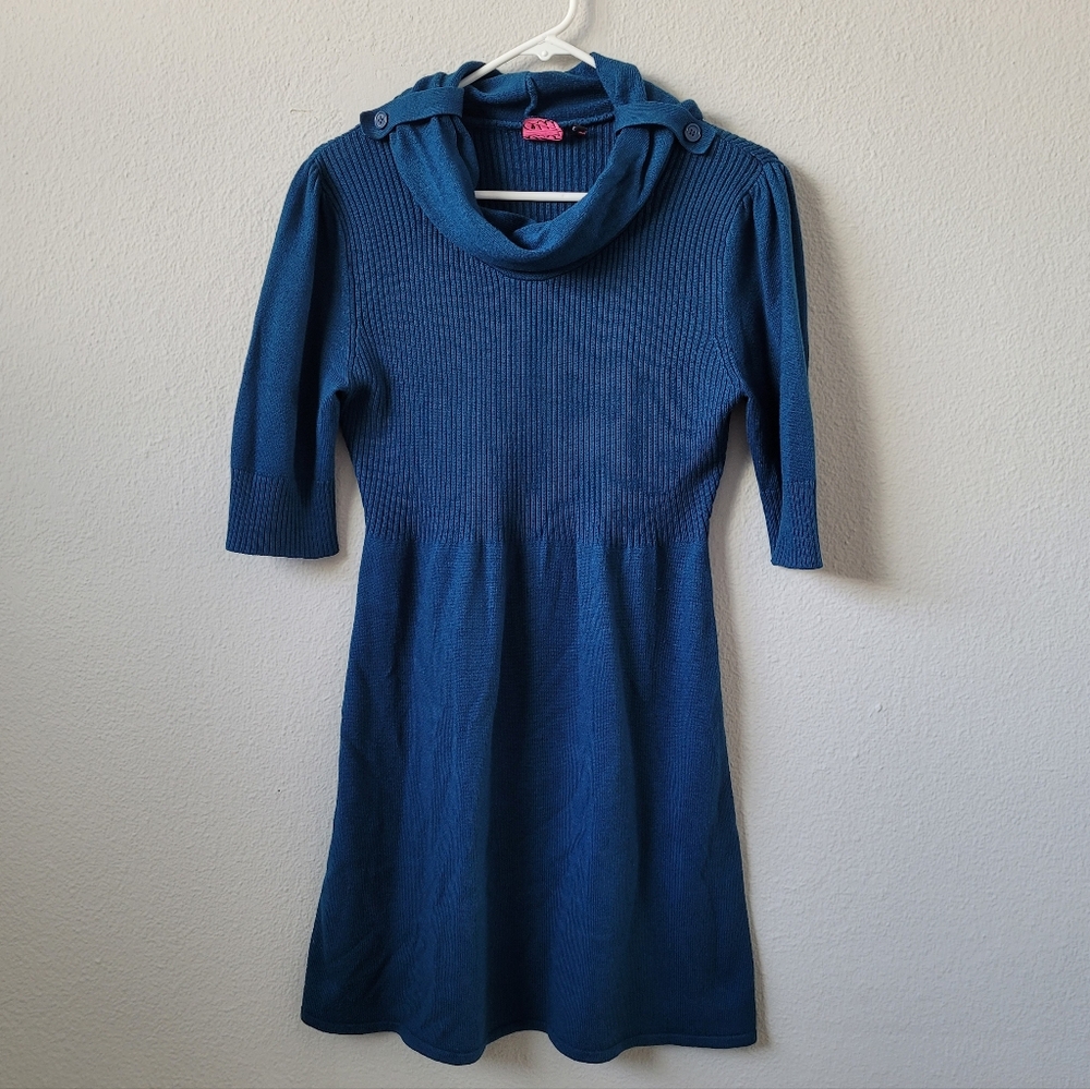 Take Out Teal Blue Knit Dress with Cowl Neck Tunic
